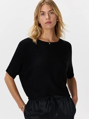 Quince Lightweight Cotton Cashmere Link Stitch Dolman Sweater Black S
